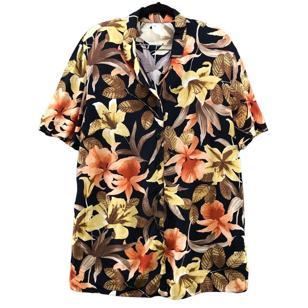 Vintage Hawaiian Shirt Mens L Black Yellow Floral Short Sleeve Rayon‎ Vacation